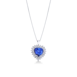 Collar elegante con zafiro azul en corte corazón y diamantes or 750