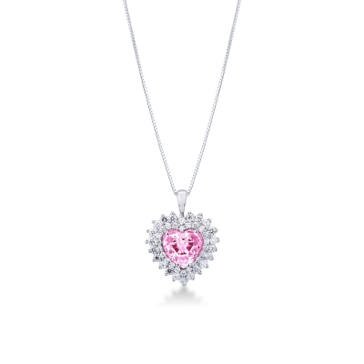 Colgante elegante en oro 18k con zafiro rosa en forma de corazón y diamantes