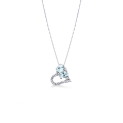 Collar en oro blanco 18k con colgante en forma de corazón con 2 aguamarinas y diamantes