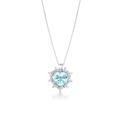 Collar de oro blanco 18k con colgante en forma de flor y aquamarina