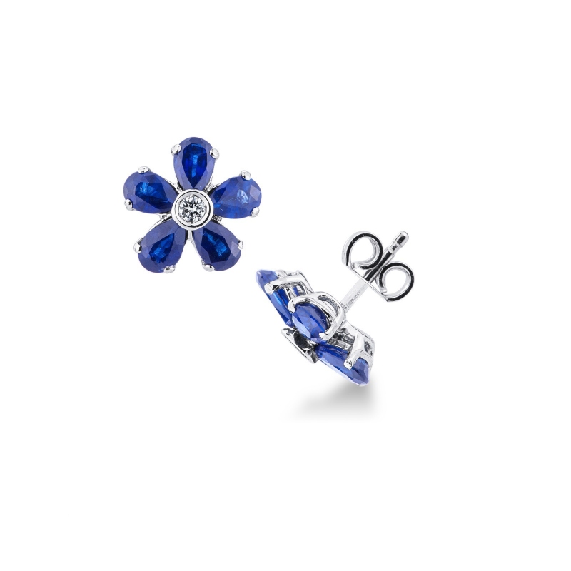 Pendientes flor Oro Blanco 18k con zafiros azules y diamante