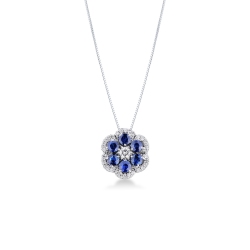 Collar flor zafiros azules y diamantes oro blanco 18k