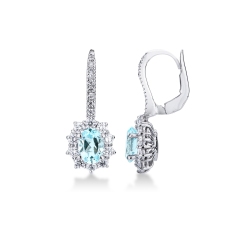 Pendientes en oro blanco 18k con aguamarina y halo diamantes
