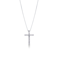 Collar con cruz abombada en oro blanco de 18k con diamantes