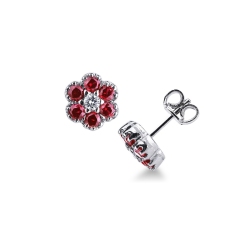 Pendientes  flor de oro blanco de 18k con diamantes y rubíes