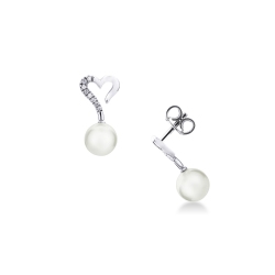 Pendientes corazón de oro blanco 18k con diamantes y una perla