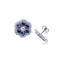 Pendientes oro 18k con flor zafiros azules y diamantes