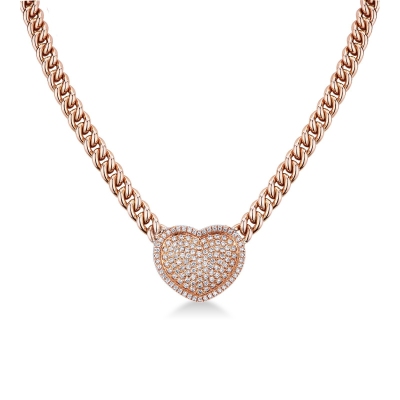 Cadena Groumette Oro Rosa 18k Corazón Pavé Diamantes