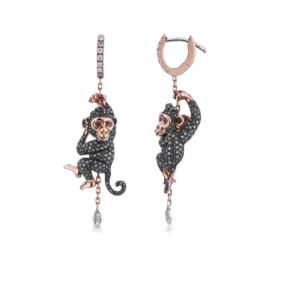 Pendientes en oro rosa y blanco con monos de diamantes negros