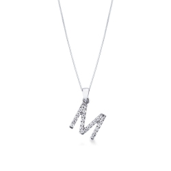 Collar en oro blanco de 18k con letra M engastada con diamantes