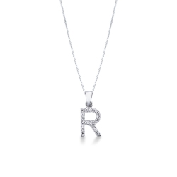 Collar en oro blanco de 18k con letra R engastada con diamantes