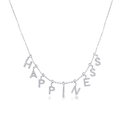 Collar en Oro Blanco 18k con la Palabra HAPPINESS y diamantes