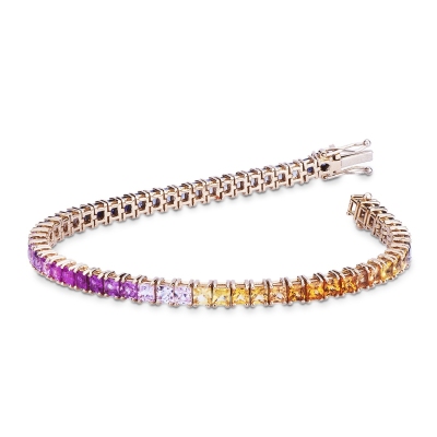 Pulsera tennis en oro rosa de 18k con zafiros multicolor