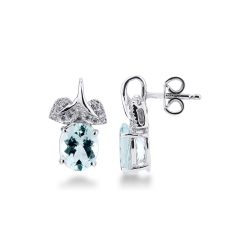 Pendientes hojas en oro blanco 18k con aguamarina y diamantes