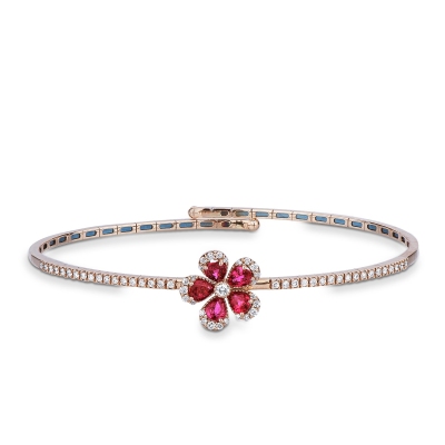 Pulsera flor de oro rosa con rubíes y diamantes