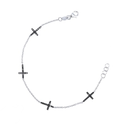 Pulsera de oro blanco de 18 quilates con cruces y diamantes negros