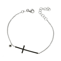 Pulsera cruz de oro blanco 18k y diamantes negros
