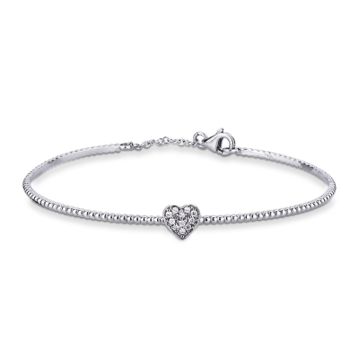 Pulsera rígida oro blanco 18k torción con corazón de diamantes