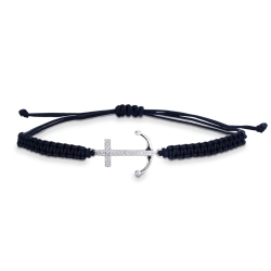 Pulsera de tela negra con ancla en oro blanco 18k y diamantes