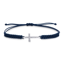 Pulsera de tela azul con cruz en oro blanco 18k y diamantes