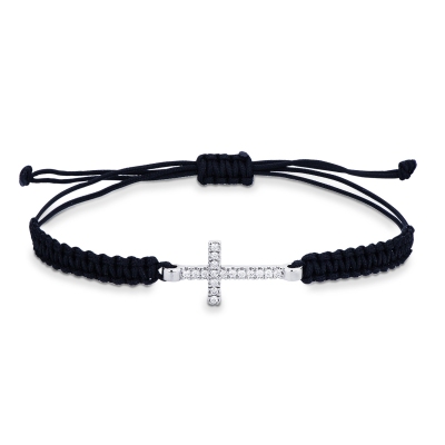 Pulsera de tejido negro con cruz en oro blanco 18k y diamantes