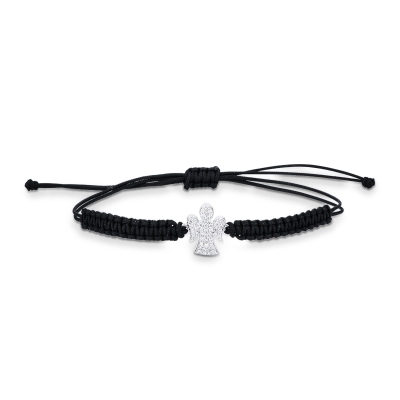 Pulsera con cordón negro y angelito en oro blanco y diamantes