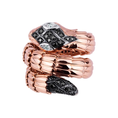 Anillo serpiente en oro rosa 18k con diamantes negros y blancos