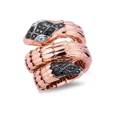 Anillo serpiente en oro rosa 18k con diamantes negros y blancos