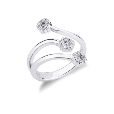 Anillo trilogy contrarié en oro blanco de 18k con diamantes