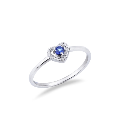 Anillo oro blanco 18k corazón con zafiro azul y diamantes