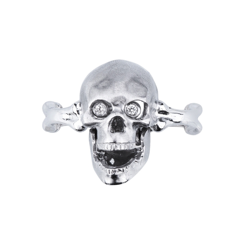 Anillo en oro blanco 18k con calavera móvil y diamantes Anillo en oro blanco 18k con calavera móvil y diamantes