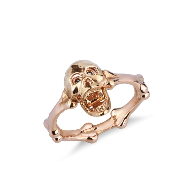 Anillo con skull móvil en oro rosa 18k y diamantes