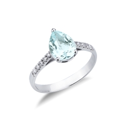 Anillo en oro blanco 18k con gota en aguamarina y diamantes laterales