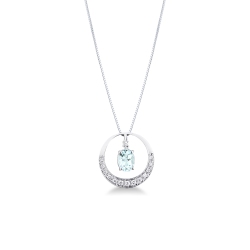 Collar oro blanco 18k círculo aguamarina ovalada y diamantes