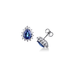 Pendientes en oro blanco 18k con zafiro azul en forma de gota y diamantes