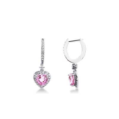 Pendientes en oro blanco con zafiro rosa en forma de corazón y diamantes