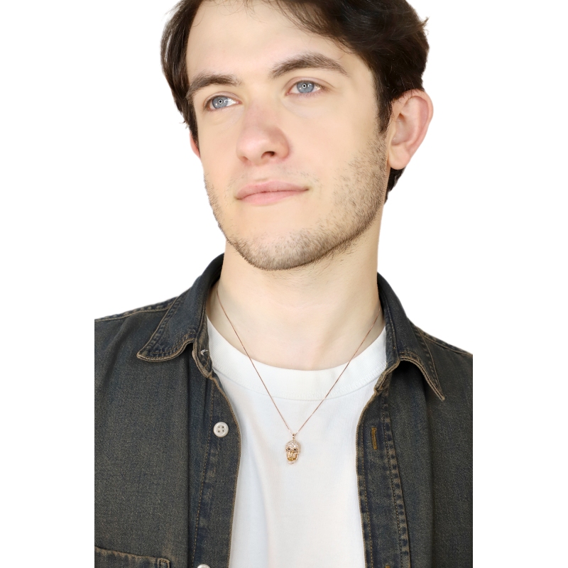 Collar hombre en oro rosa de 18k con colgante de calavera móvil