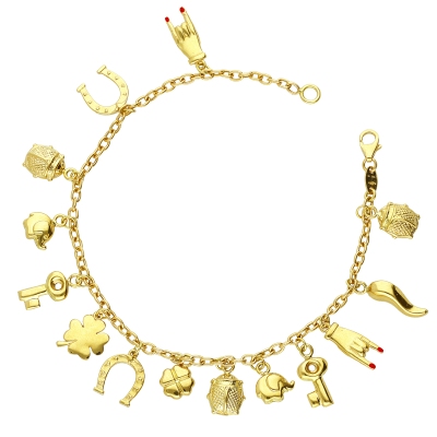 Brazalete de oro amarillo 18k adornado con charms de la suerte