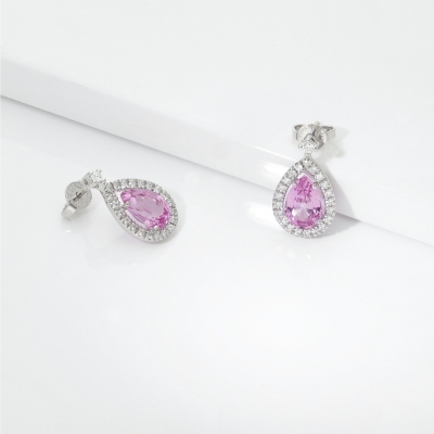 Pendientes gotas oro blanco 18k con zafiro rosa y diamantes
