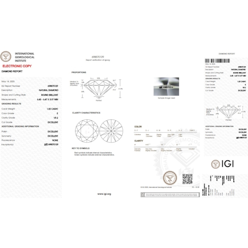 Diamante certificado IGI CT 1.00 E VS2 Diamante certificado IGI CT 1.00 E VS2