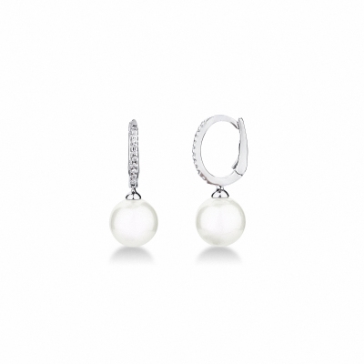 Pendientes colgantes de oro blanco de 18 quilates con perlas cultivadas y diamantes