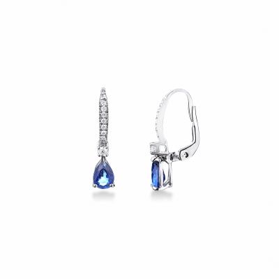 Pendientes con gancho en oro blanco 18k con zafiro azul y diamantes