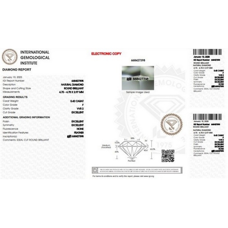 Diamante certificado IGI 0.42CT F VVS2 Diamante certificado IGI 0.42CT F VVS2
