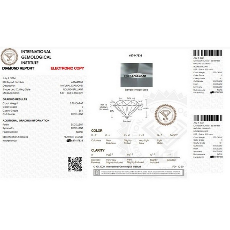 Diamante certificado IGI 0.70ct E SI1 Diamante certificado IGI 0.70ct E SI1