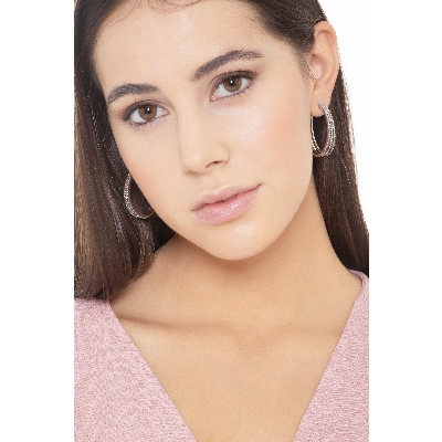 Pendientes de aro ovalados grandes de 3 filas en oro blanco y brillantes