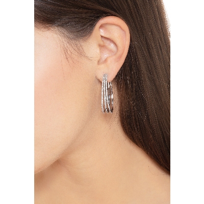 Pendientes de aro ovalados grandes de 3 filas en oro blanco y brillantes