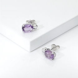 Pendientes en oro blanco con amatista oval y diamante 2