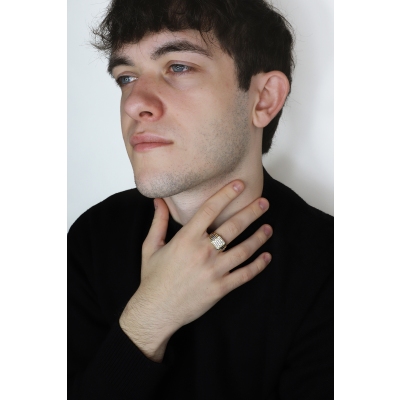 Anillo de Hombre en Oro Blanco y Amarillo 18k con Circonitas