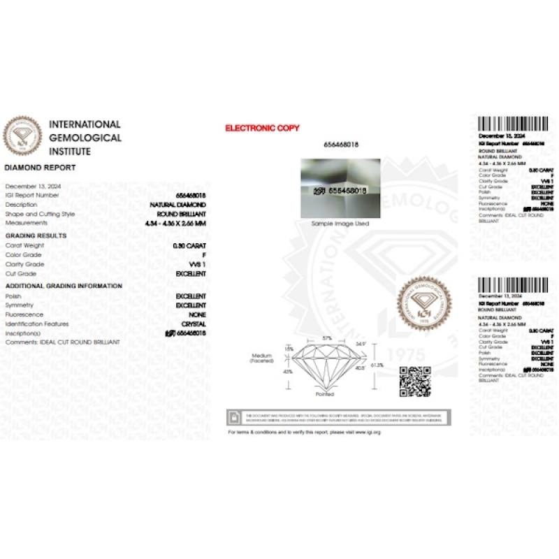 Diamante certificado IGI CT 0.30 F VVS1 Diamante certificado IGI CT 0.30 F VVS1