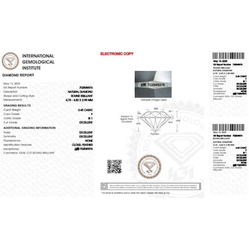Diamante certificado IGI 0.43 CT  F SI1 Diamante certificado IGI 0.43 CT  F SI1